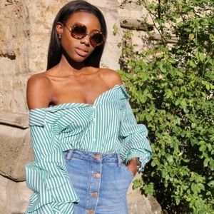 Zara | Tops | Zara Green White Striped Off Shoulder Shirt | Poshmark